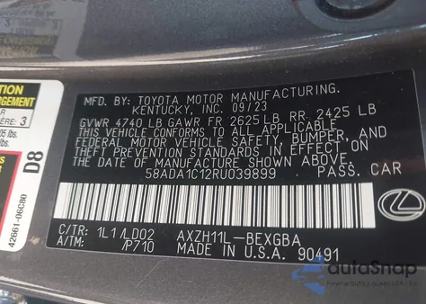 2024 Lexus Es 300H из США, поврежденный, VIN 58ADA1C12RU039899